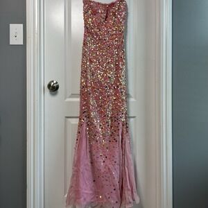 Sean Collection Vintage Y2K 100% Silk Pink Holographic Sequin Strapless Dress